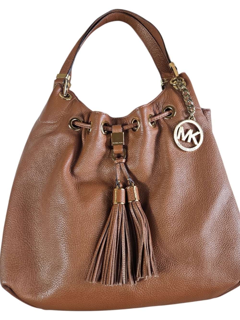 Michael Kors Cognac Pebbled Leather Tassel Hobo with Gold MK Charm